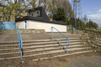 View of steps and northwest toilet block at Meadowbank Stadium.