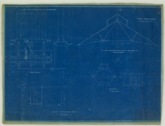 Tain Gasworks
Plan, elevations, sections and detail of retort house roof, condensors and gas holder tank
Stamped: 'Henry Balfour and Co. Leven'