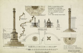 Canongate, Mercat Cross
Elevation and plans, including Home Fountain
Titled: 'The Canongate Market Cross'
Signed: 'AR 1948'