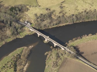 Oblique aerial view centred on the bridge with the toll house adjacent, taken from the SSE.