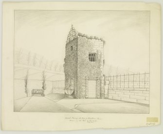 Sketched view of from South West of stair tower of old Ravelston House, insc: 'Ancient Stairway and Door of Ravelstone House. Drawn on the Spot by Alexr Archer. Feb 9. 1840.'