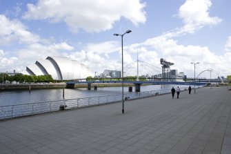 General view from quayside to W including concert hall and Finnieston crane