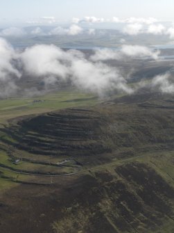 General oblique aerial view of the tabular geology of Kierfea Hill, Rousay, taken from the NNE.