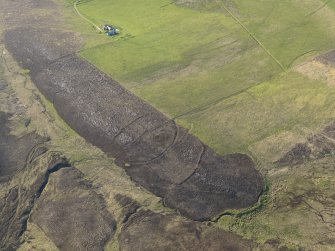 Oblique aerial view centred on the remains of the round house, enclosures, banks and a trackway on Peerie Hill, taken from the SE.