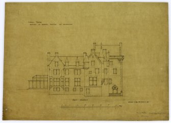 Front elevation. Sketches of proposed additions and alterations.