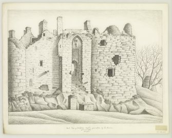 Drawing of gatehouse, Dirleton Castle, by Alexander Archer, 1835.