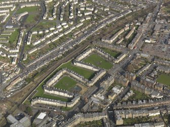 Oblique aerial view centred on the Piershill Squares (E & W), taken from the SW.