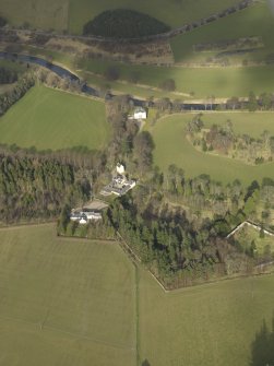 General oblique aerial view centred on Barns Tower with Barns House adjacent, taken from the SSW.