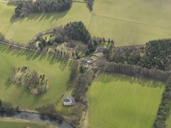 General oblique aerial view centred on Barns House with Barns Tower adjacent, taken from the NNE.