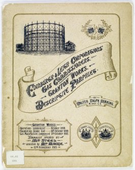 Commemorative cover illustration for Granton Works with gasholder and scroll.