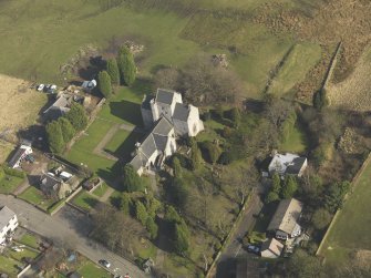 Oblique aerial view centred on the Preceptory and parish church, taken from the SW.