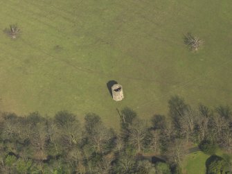 Oblique aerial view centred on the dovecot, taken from the SW.