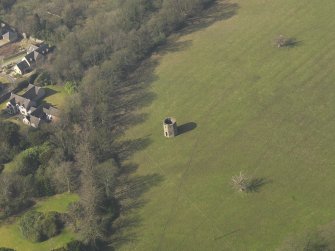 Oblique aerial view centred on the dovecot, taken from the SE.
