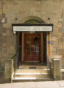 Detail of main entrance to Arts Guild Hall, Campbell Street, Greenock.