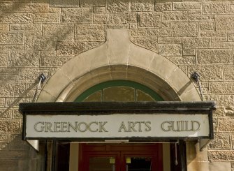 Detail of entrance door canopy at Arts Guild Theatre, Campbell Street, Greenock.
