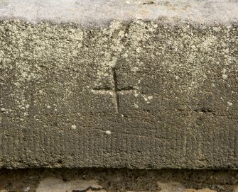 Detail of possible masons mark, a small 'cross' cut into N parapet, Newbattle railway viaduct