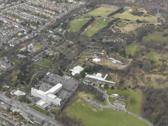 General oblique aerial view of Edinburgh Zoo with hotel adjacent, taken from the ESE.