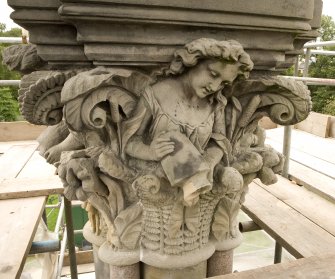 View of water-carrier capital on central column of Stewart Memorial Fountain, Kelvingrove Park, Glasgow
