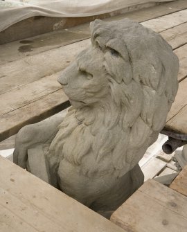 Detail of lion sculpture on flying buttress of Stewart Memorial Fountain, Kelvingrove Park, Glasgow