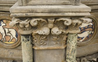 Detail of floreate capital and marble shafts on flying buttress of Stewart Memorial Fountain, Kelvingrove Park, Glasgow