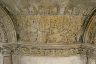 Detail of decorative carving on underside of central water basin, Stewart Memorial Fountain, Kelvingrove Park, Glasgow