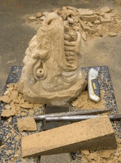 Detail of replacment gargoyle spouthead carved during the restoration of the Stewart Memorial Fountain, Kelvingrove Park, Glasgow