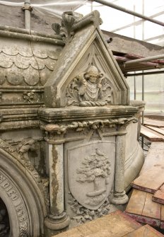 Detail of coat-of-arms with decorative architrave, on bottom water basin of the Stewart Memorial Fountain, Kelvingrove Park, Glasgow