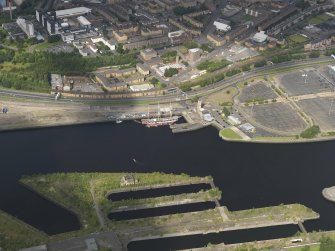 Oblique aerial view of Kelvinhaugh and the tall ship on the Clyde.