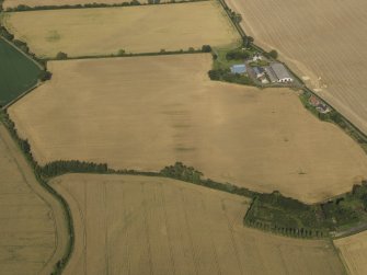 Oblique aerial view of the cropmarks of the round house, pits and possible souterrain with Hoprig Mains, taken from the WSW.
