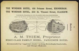 On page 60 of 'Advertiser' section, vignette of 250 St Vincent Street, Glasgow, insc. 'Windsor Hotel (late Maclean's) Glasgow.' and  100 Princes Street, Edinburgh, insc. 'Windsor Hotel Edinburgh'.