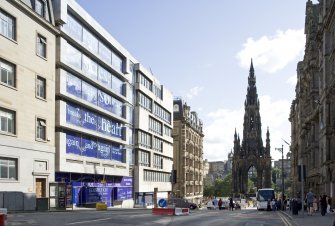 General view looking south along South St David Street to the Scott Monument,  taken from north west