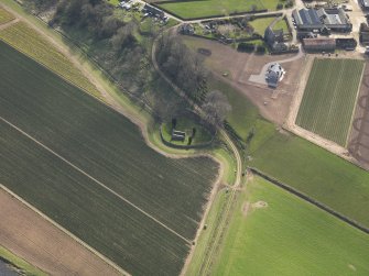 Oblique aerial view centred on the remains of the church with the burial ground adjacent, taken from the N.