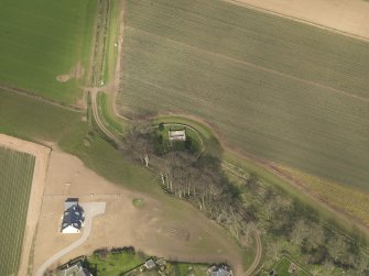 Oblique aerial view centred on the remains of the church with the burial ground adjacent, taken from the SSE.
