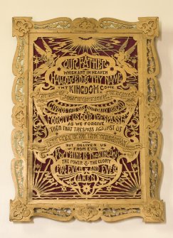 Interior. Detail of fretwork panel of The Lord's Prayer