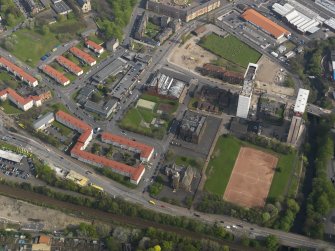 Oblique aerial view centred on the Burgh Chambers wth the school adjacent, taken from the WNW.