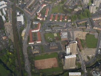Oblique aerial view centred on the Burgh Chambers wth the school adjacent, taken from the SSW.