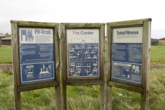 Detail of notice board advertising a fitness trail for US service personnel.