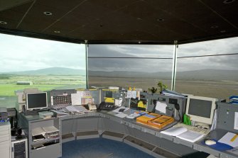 Interior view of flight control panels.