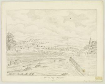 General perspective drawing showing bridge, church and Neidpath Castle.
