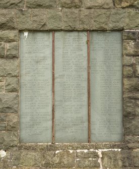 Detail of inscription panel; 1st World War, Black Watch, Seaforth Highlanders, Gordon Highlanders, Cameron Highlanders, Argyll Mountain Battery, Royal Field Artillery, Royal Garrison Artillery, The Royal Scots, Royal Navy and Merchant Marine, Royal Engineers.