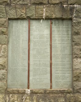 Detail of inscription panel; 1st World War, Canadian Forces, New Zealand Forces, Army of USA, Cameronians, Royal Army Service Corps, Macine Gun Crps, Labour Corps, Royal Air Force,Australian Forces, South African Forces, Yeomanry, Scots Cyclists, Scots Guards, Irish Guards, Devon regiment, West York Regiment, Leicester Regiment, Kings Own Scottish Borderers, Durham Light Infantry, Border Regiment, Essex Regiment, Loyal Regiment (North Lancs), RWK and Kings Own Yorkshire Light Infantry.