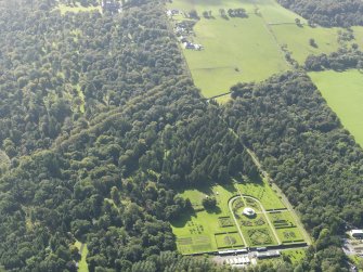 General oblique aerial view centred on the gardens, looking towards the kennels, taken from the N.