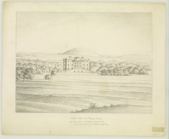 Copy of original pencil drawing inscribed ' Amisfield House, near Haddington, the seat of Lord Elcho, beyond it is Traprain or Dumpender Law. Drawn from nature by A Archer 24 Sept 1836'. View of house from N.