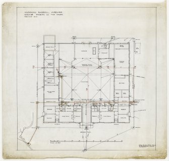 Drawing showing ground floor plan.
Titled: 'Kildonan, Barrhill, Ayrshire. Garage, stables and two houses. Drainage plan'. 
