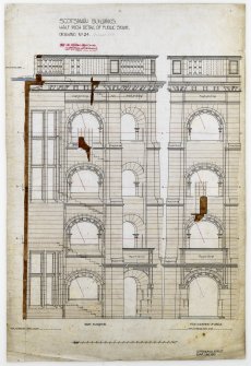 Edinburgh,  20-36 North Bridge, The Scotsman Buildings.  
East elevation, true elevation of angle.
Titled:  'Scotsman Buildings. Half Inch Details Of Public Stair.  Drawing No 34.'
Insc:  'Contract No 3'.  '35 Frederick Street. Edinr.  June 1899.'

