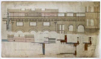 Edinburgh, 20-36 North Bridge, The Scotsman Buildings.  
Elevation of terrace, elevation to North Bridge, sections at OO and XX.
Titled:  'Scotsman Buildings  Contract No 3 Half - Inch Detail Of Public Stair And Terrace.  Drawing No 100.'
Insc:  '35 Frederick Street. Edinburgh  Jany 1901.'

