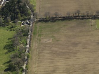 Oblique aerial view centred on the standing stones, taken from the NNW.