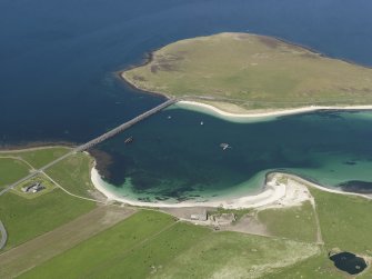Oblique aerial view centred on Churchill Barrier No. 3 with Glimps Holm beyond, taken from the SE.