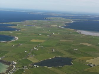 General oblique aerial view  of Westray looking across Loch Saintear, taken from the WNW.