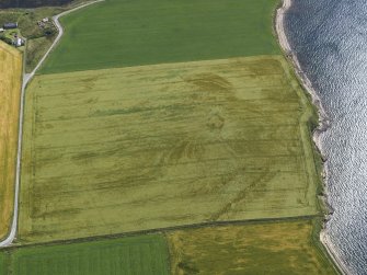 Oblique aerial view centred on the cropmarks of the broch at Bu, taken from the W.